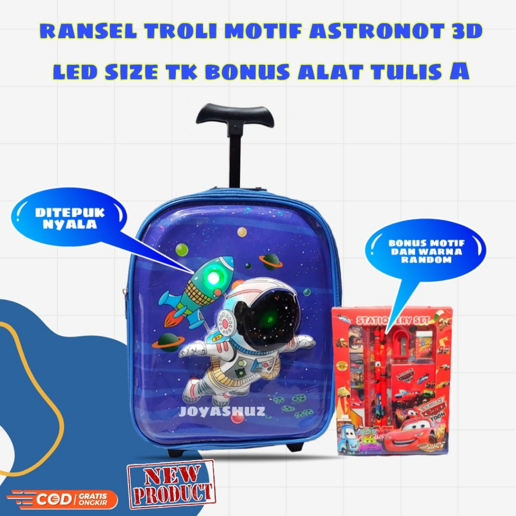 Tas Troli Anak Laki Laki Karakter Astronot Gratis Bonus - Ransel Anak Laki-laki - Ransel Troli Anak SD TK - Troli Astronot  - Tas Gratis Botol -  Tas Sekolah Anak Troli - Astronot Luar Angkasa - Tas Dorong Astro - Joyashuz