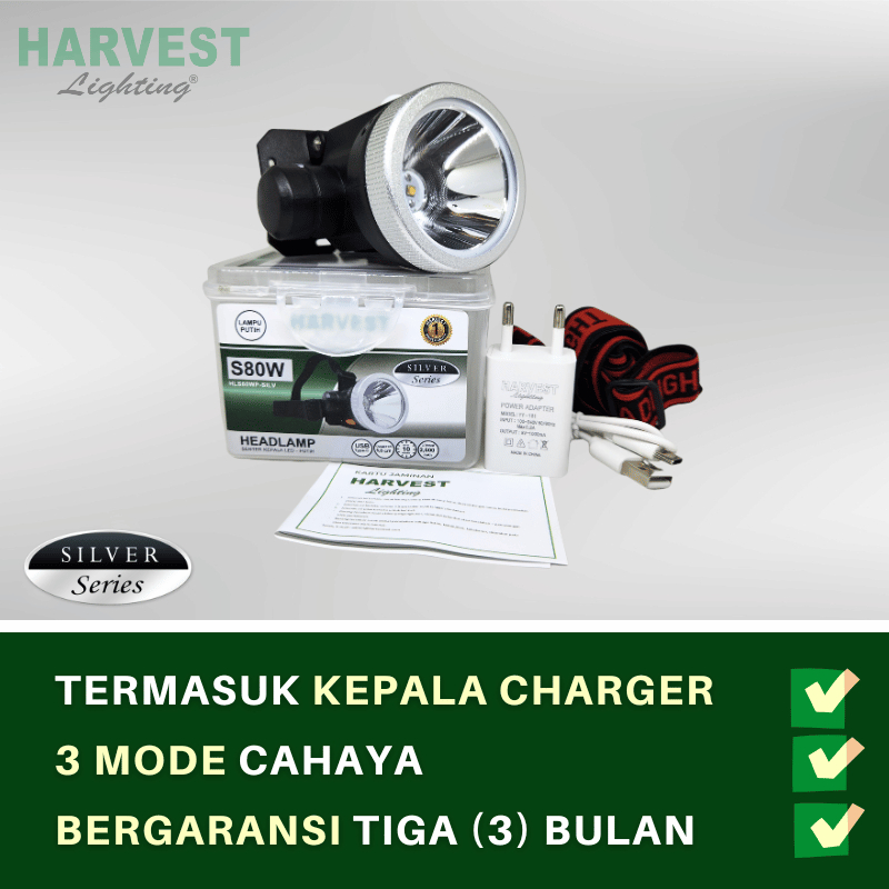 S80W Paket isi 4 - Headlamp HARVEST LIGHTING Senter Kepala LED Silver IPX4 2600mAh Lampu Emergency Travel  Hunting Berburu Rechargeable Original Bergaransi