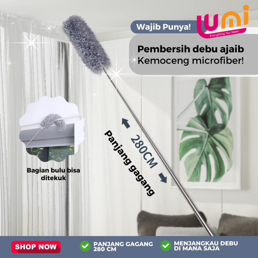 Kemoceng Teleskopik Pembersih Debu Gagang Panjang 2.8 Meter Sapu Microfiber Teleskopik Flexible Bisa Ditarik Ditekuk Alat Kebersihan Adjustable Membersihkan Langit Langit Atap Rumah Plafond Adjustable Deep Cleaning