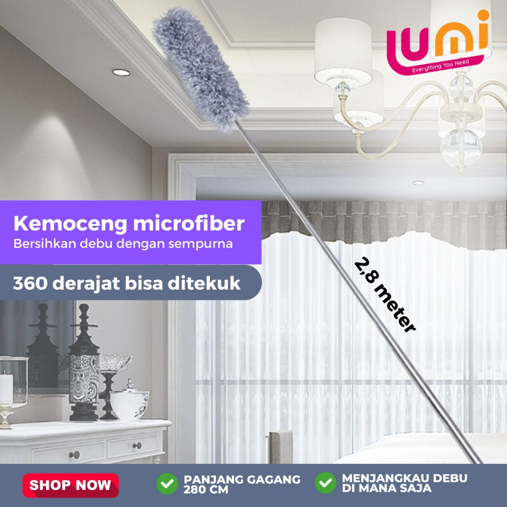 Kemoceng Teleskopik Pembersih Debu Gagang Panjang 2.8 Meter Sapu Microfiber Teleskopik Flexible Bisa Ditarik Ditekuk Alat Kebersihan Adjustable Membersihkan Langit Langit Atap Rumah Plafond Adjustable Deep Cleaning