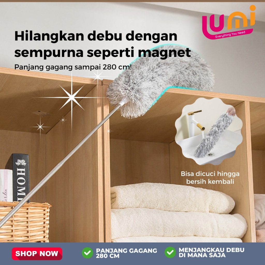 Kemoceng Teleskopik Pembersih Debu Gagang Panjang 2.8 Meter Sapu Microfiber Teleskopik Flexible Bisa Ditarik Ditekuk Alat Kebersihan Adjustable Membersihkan Langit Langit Atap Rumah Plafond Adjustable Deep Cleaning