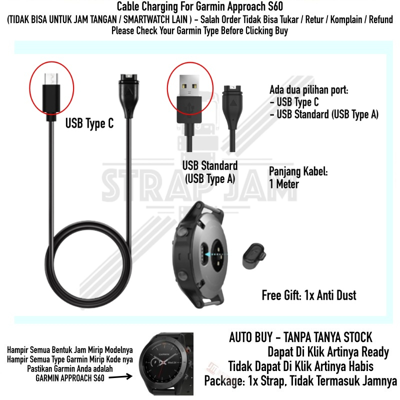 Cable Kabel Dock Data Sync Charge Charger Untuk Garmin Approach S60