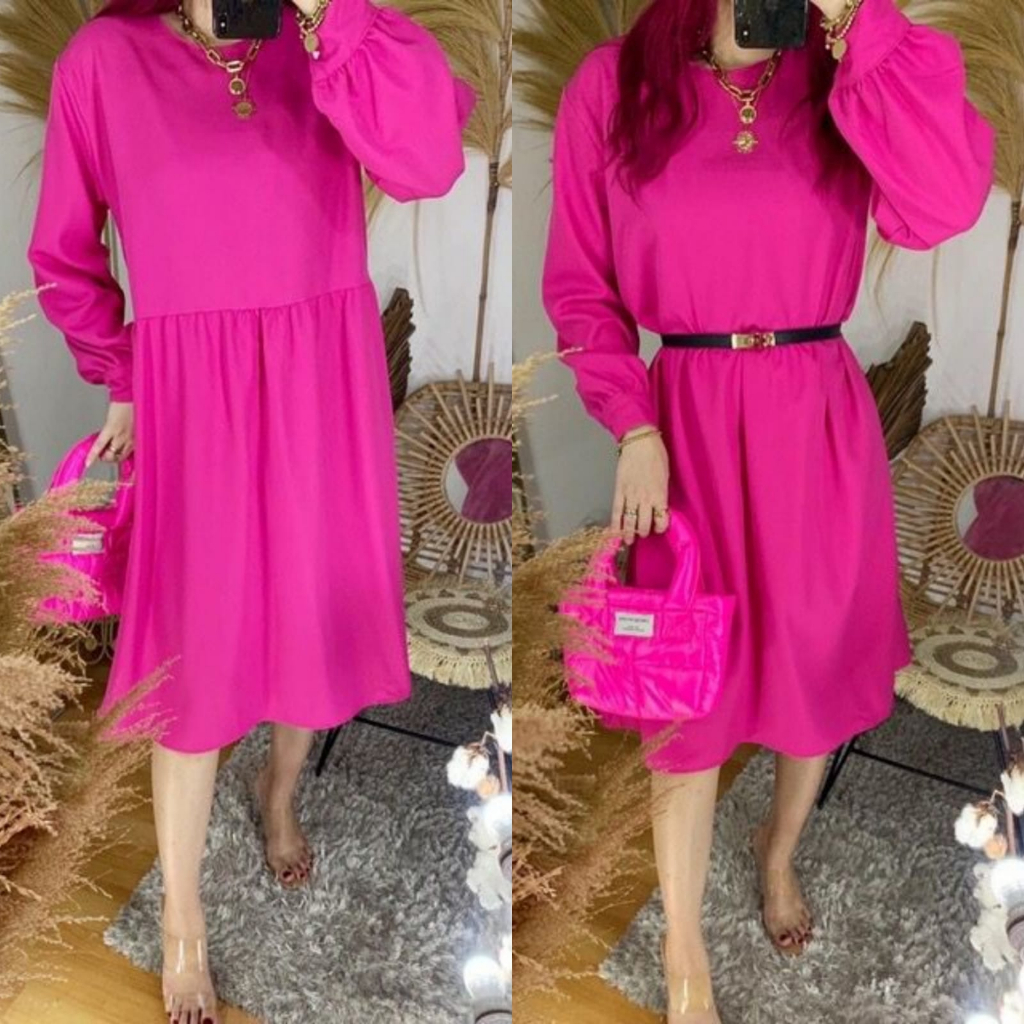 MBO DRESS HOT PINK FUSCHIA IMPORT PARTY LENGAN PANJANG TUNIK 038