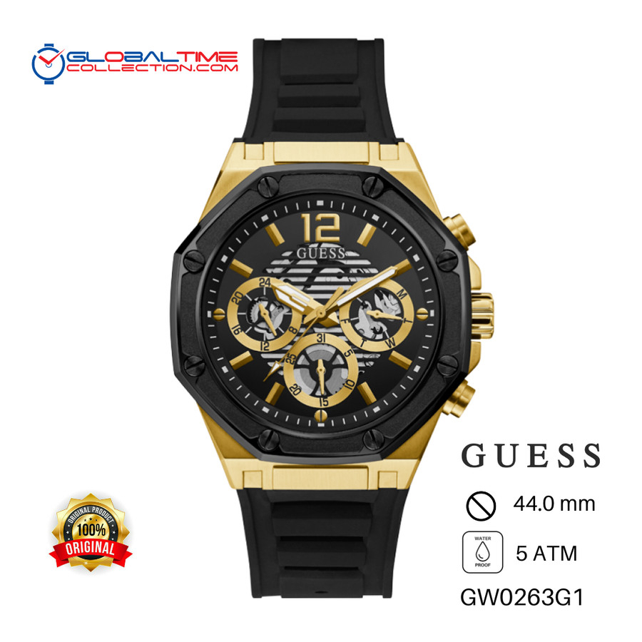 Jam Tangan Pria GUESS Original GW0263G1 Karet Hitam Body GOLD