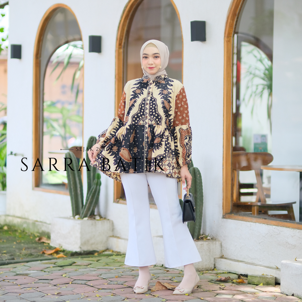 PREMIUM Blus Kasmaran Daun Batik Modern Atasan Kerja Kantoran Kekinian Baju Rempel Busui Friendly Triball Warna Klasik Lengan Lonceng