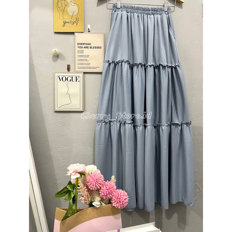 Cherry_ rok rempel beraksen 3 susun | ruffle long skirt korean style | rok panjang wanita