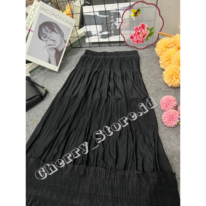Cherry_129 | rok cabang lidi 3 susun terbaru | pleated skirt korean style | rok wanita muslim