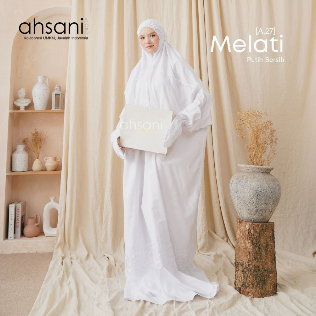 Mukena Ahsani Dewasa Melati Bahan Katun Rayon Twill Adem Nyaman Menyerap Keringat Size Jumbo Terusan