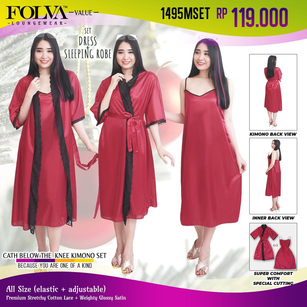 FOLVA baju tidur kimono set tanktop dress satin 1495MSET maron allsize