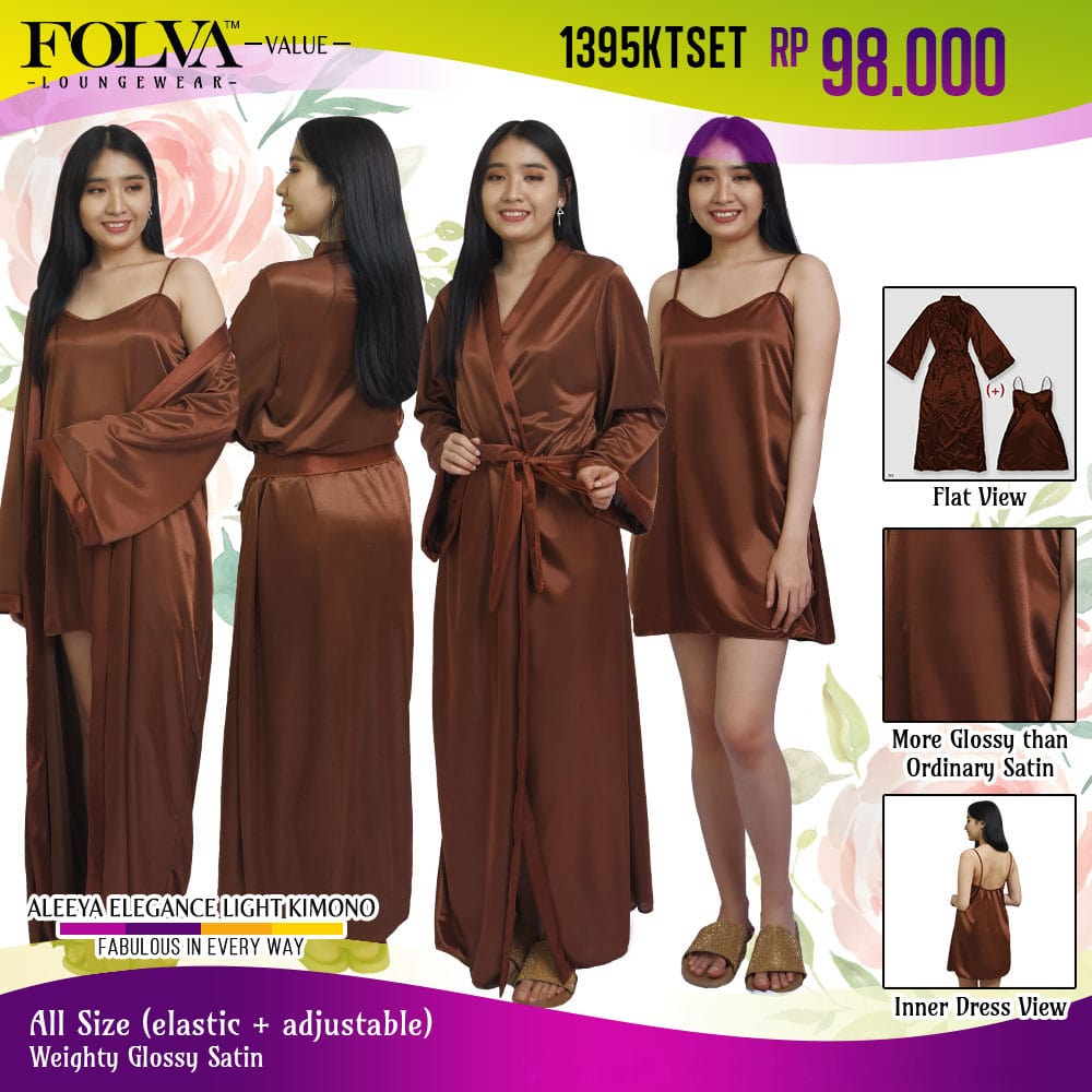 FOLVA kimono set baju tidur satin 1395KTSET coklat all size