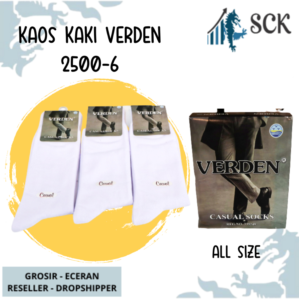 Kaos Kaki Pria VERDEN 2500-6 PUTIH Casual Sebetis / Kaus Kaki Kerja Kantor Pria Panjang Sebetis VERDEN - sckmenwear GROSIR