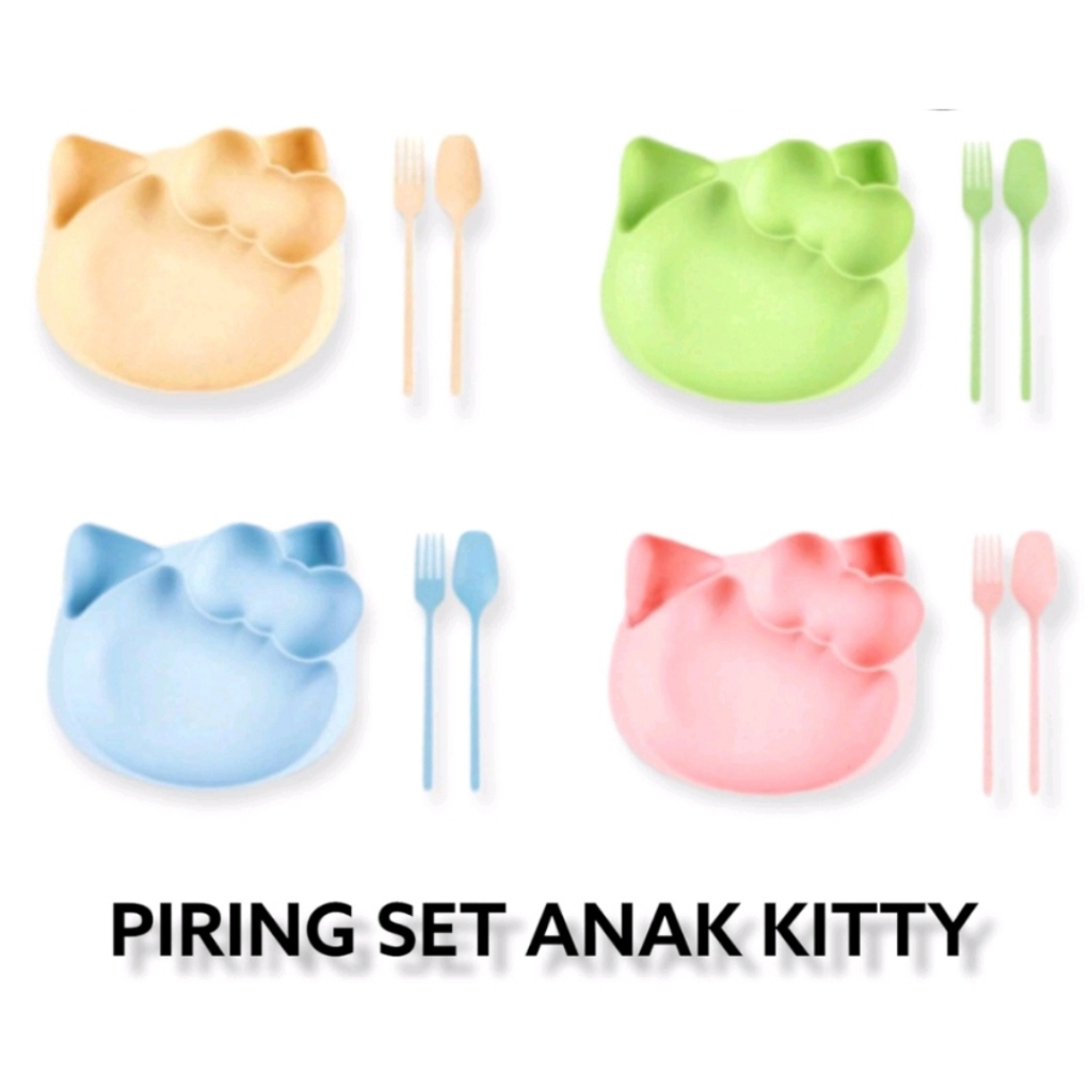 PIRING MAKAN ANAK HELLO KITTY SERAT GANDUM BPA FREE FOOD GRADE / PIRING MAKAN BAYI SEKAT + SENDOK + GARPU / BABY &amp; KIDS FEEDING SET (IP)