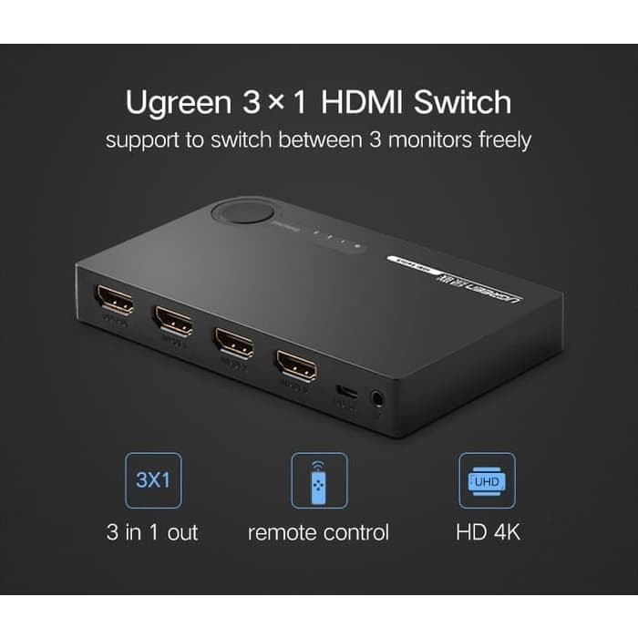 UGREEN 3x1 HDMI Splitter Switch Output 4K x 2K with IR Wireless Remote Control 40234