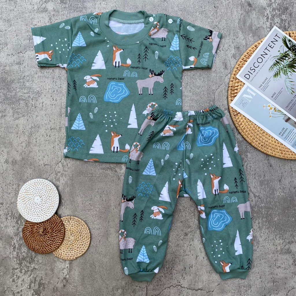 Setelan Baju Bayi Piyama Bayi Lengan Pendek Celana Panjang Kancing Pundak Motif Printing Rubah Usia 3-12 Bulan Almeera Baby and Kids