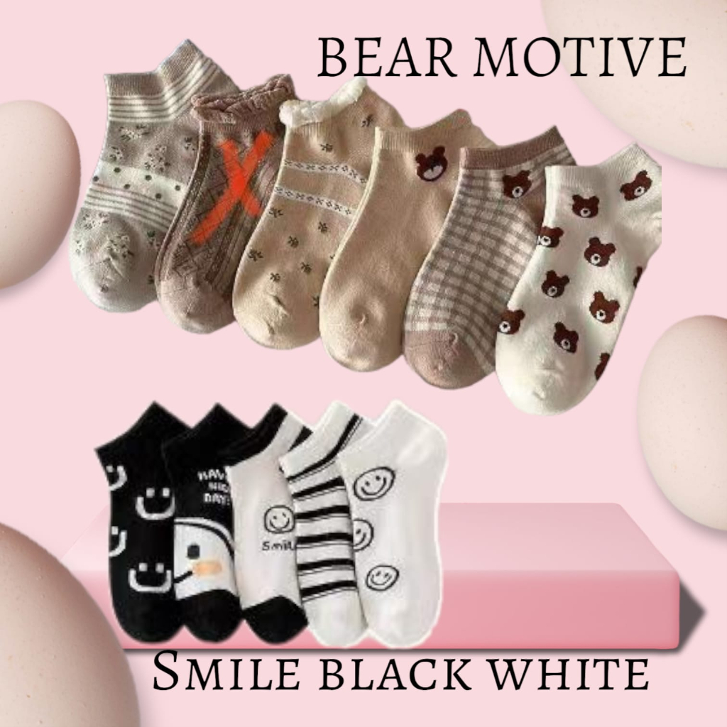 NEW - KAOS KAKI BERUANG BEAR MOTIF / MATCHA /  SMILE BLACK WHITE PENDEK MATA KAKI ANGKLE SOCK MOTIF KARAKTER