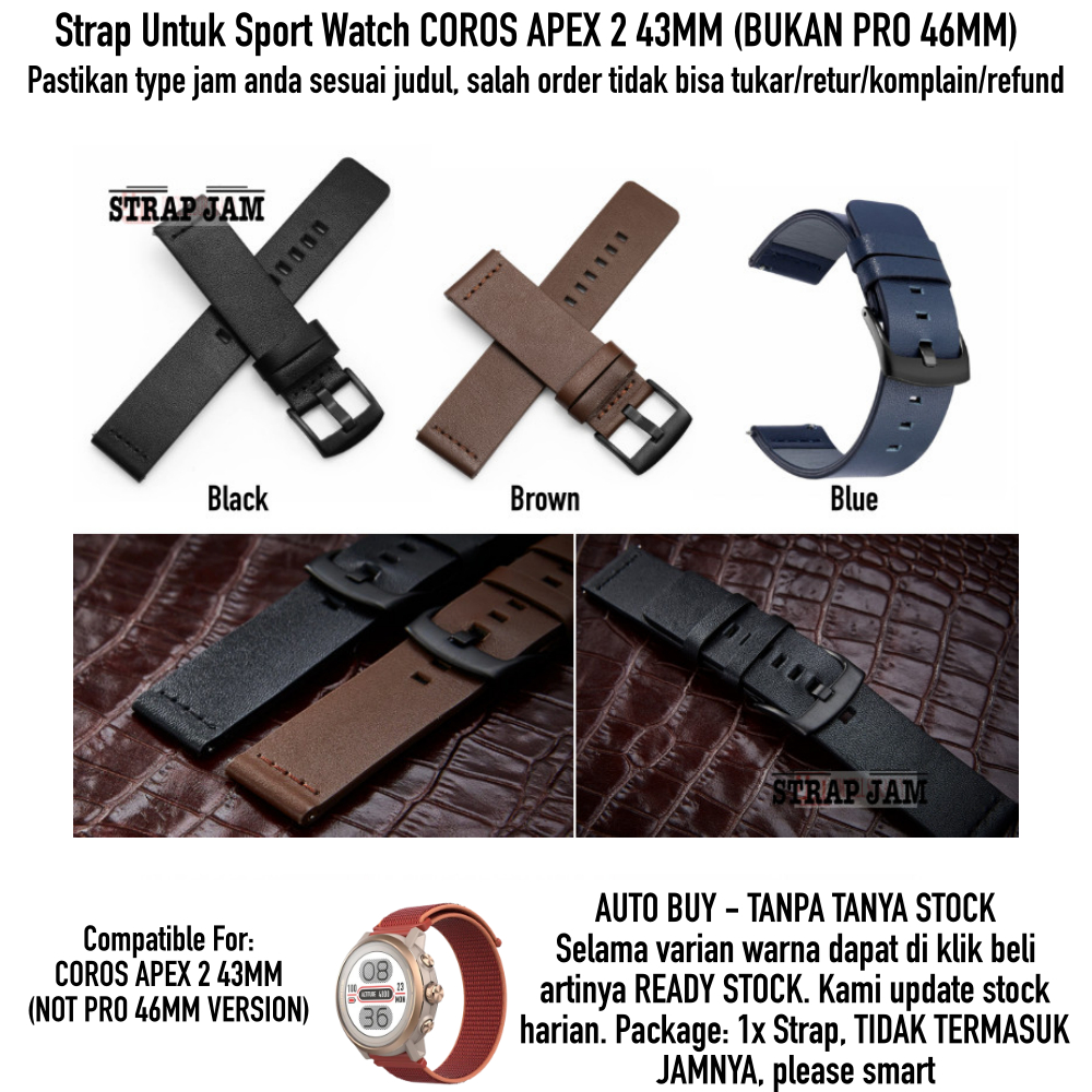 Modern 20mm Leather Strap Coros Apex 2 43mm - Tali Jam Tangan Kulit Quick Release