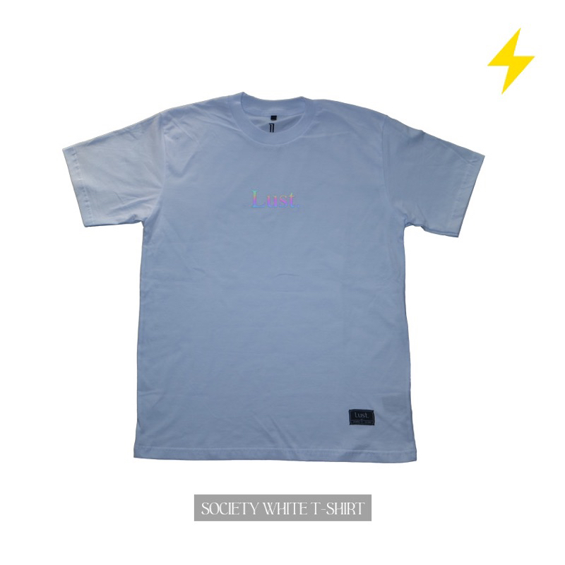 Lust. Society white t-shirt with rainbow reflective effect