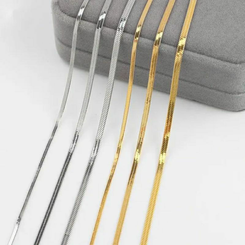 Kalung Titanium Import Flat Pipih Rata Gepeng Stainless Steel Anti Karat Selamanya Super High Quality Premium Flate Warna Gold Silver Style Elegan Kasual Vintage