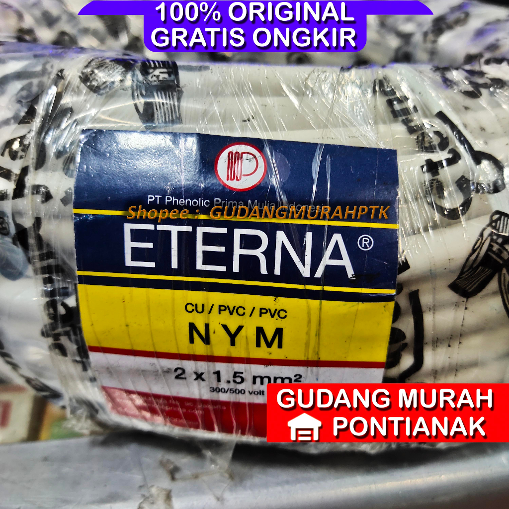 ETERNA KABEL NYM 2X1.5 50M - HARGA GROSIR Tembaga Asli - SNI LMK ORIGINAL ORI - 2X1,5 - 2 X 1.5 1,5 MM - 50 M