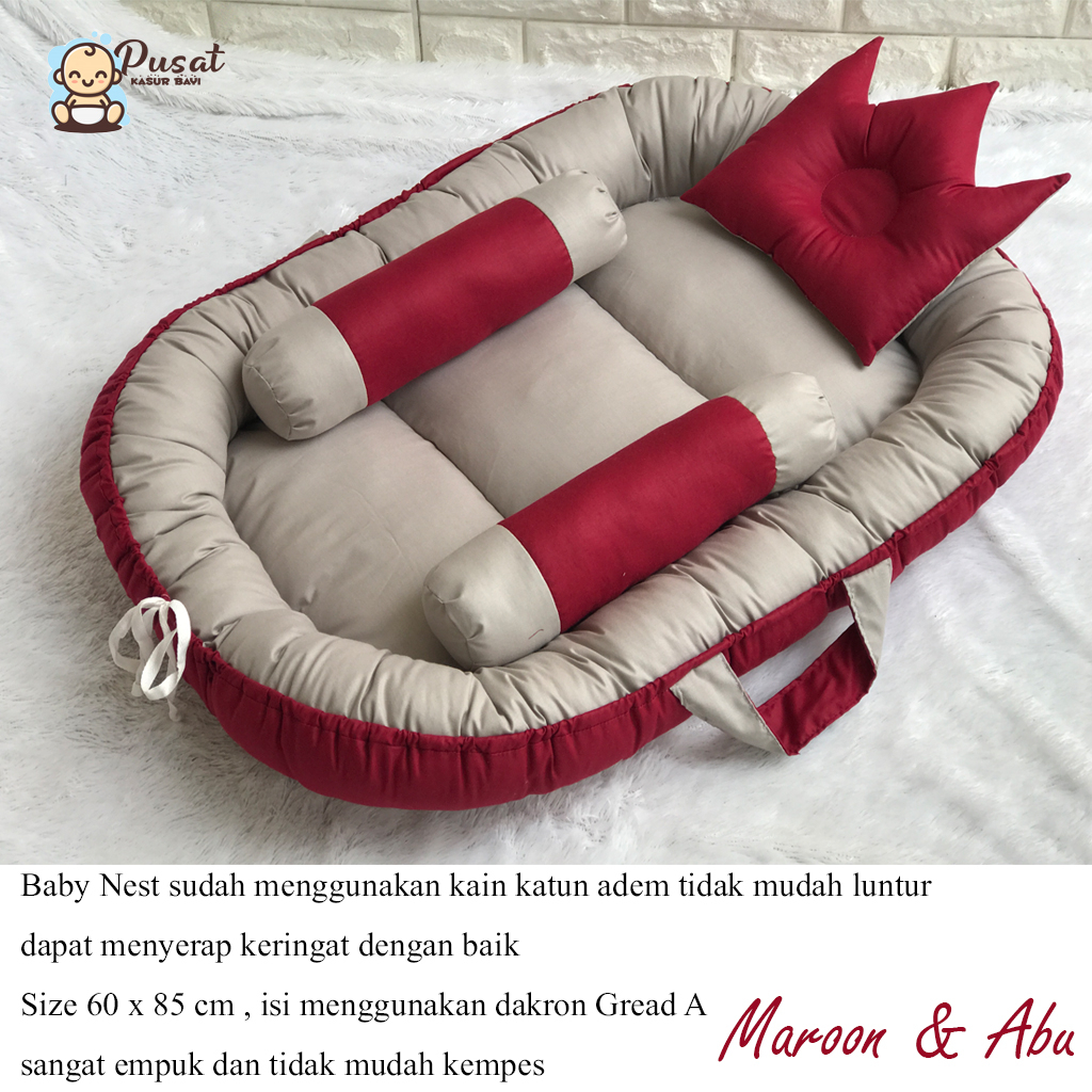 KASUR BAYI BABY NEST POLOS DUA KOMBINASI WARNA MAROON ABU