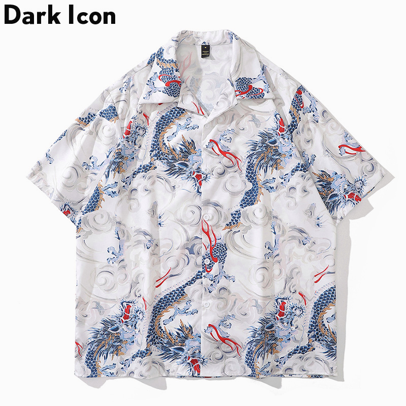 Dark Icon Kemeja Vintage Pria Dragon Full Print Shirt Thin Material Street Shirts Button Down Retro 