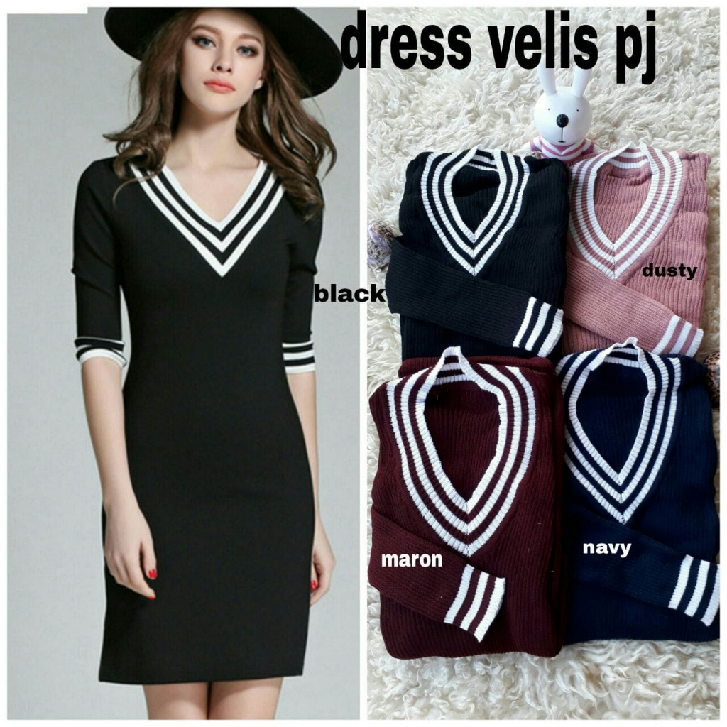 VVV Shop Dress Velis Lengan Panjang Bahan Rajut / Dress Rajut Import / Dress Basic Polos Leher List 