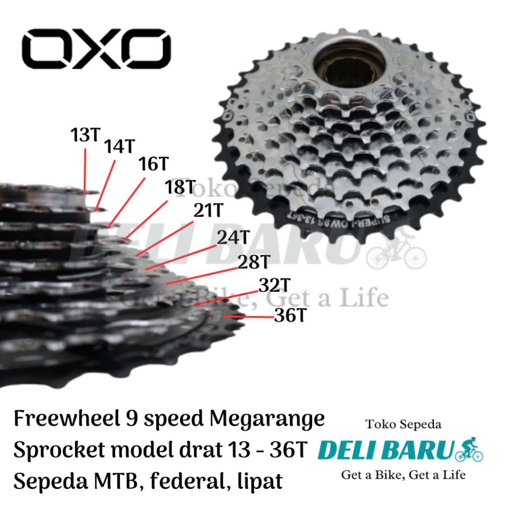 OXO Freewheel 9 speed megarange sprocket model drat 13-36T chrome CP hitam sepeda MTB federal lipat