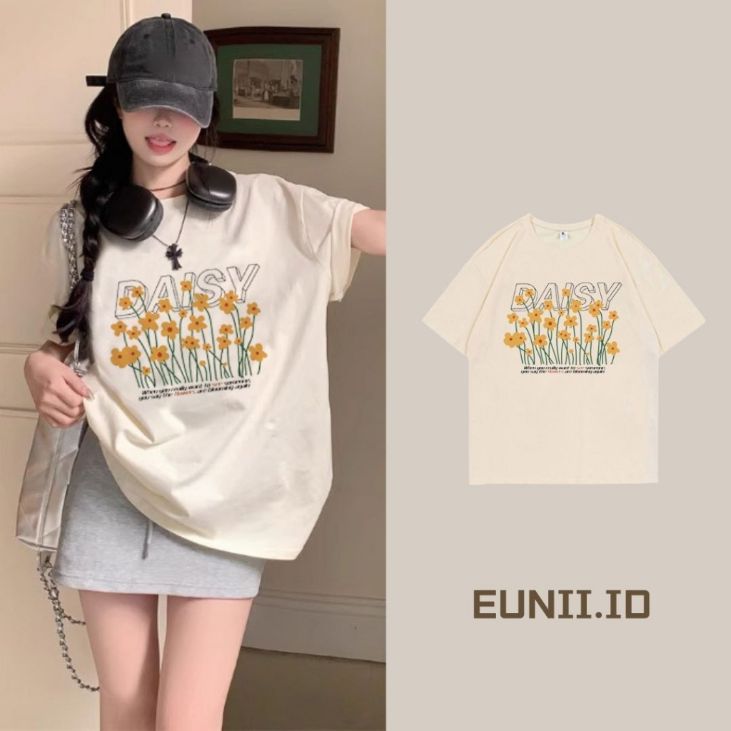 EUNII T-shirt Lengan Pendek Yellow Flowers Printing Korean Style/Kaos Atasan Wanita/Baju Wanita/Kaos Wanita