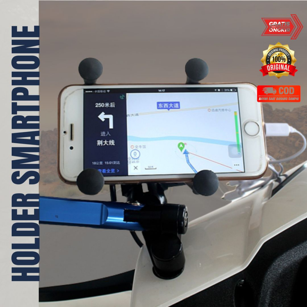 X-Grip Holder HP Motor dengan USB 12V 2A - Holder HP Untuk Mor dengan USB