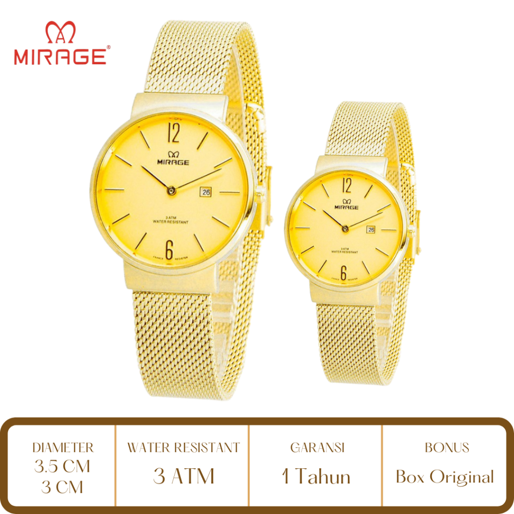 Mirage Watch Official Jam Tangan Couple Pria Wanita Mirage Gold 8624 Rantai Pasir L M