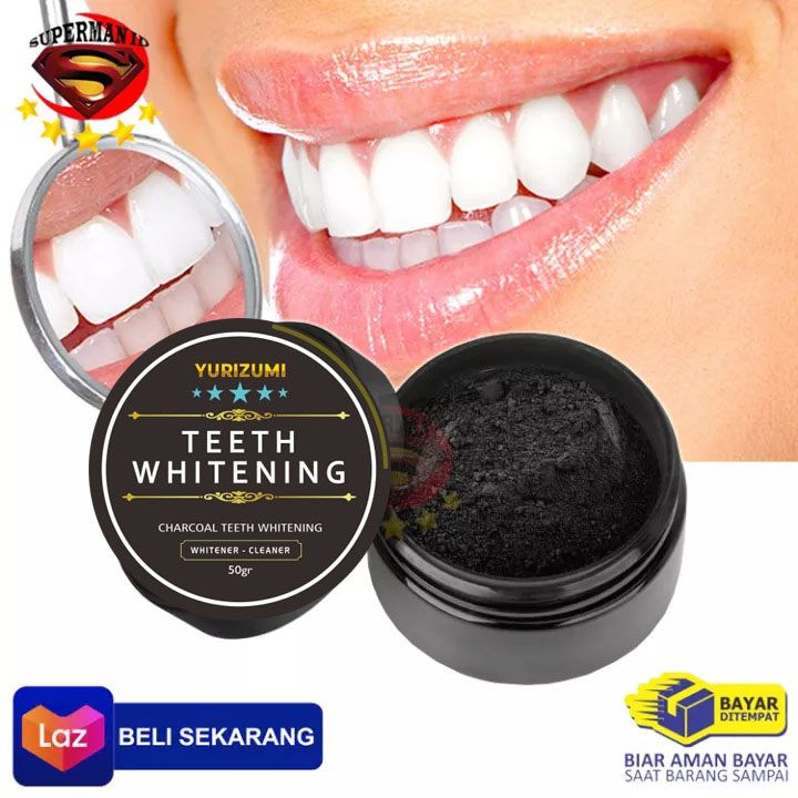 Yurizumi Bubuk Pemutih Gigi + Sikat Gigi Alami Charcoal Powder Teeth Whitenin l AMAN UNTUK GIGI JADI KINCLONG