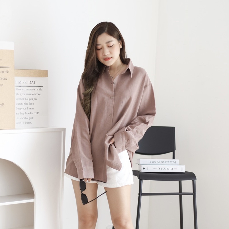 Kemeja Oversize Wanita linen Tanpa Saku Lengan Panjang Kmj03Pa