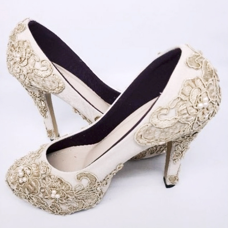 SLIGHT Platform Brukat krem display stock 39 Brokat Lace Wedding Shoes High Heels Payet | Sepatu pesta kondangan | Wedding shoes pengantin