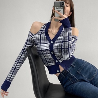 [Premium] Korean Style Double Sided Jacquard Off The Shoulder Plaid V-neck T-shirts 7495