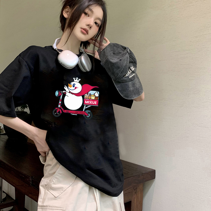 100% Katun Kaos Vintage Hitam Atasan Wanita Lengan Pendek Oversize MIXUE Printed T-shirt Baju Wanita Kekinian Korean Style