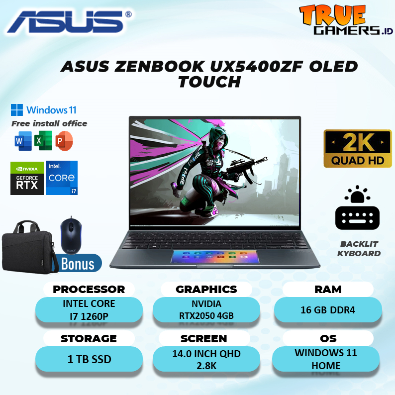 ASUS ZENBOOK UX5400ZF OLED TOUCH RTX2050 4GB I7 1260P 16GB 1TBSSD W11 14.0QHD 2.8K