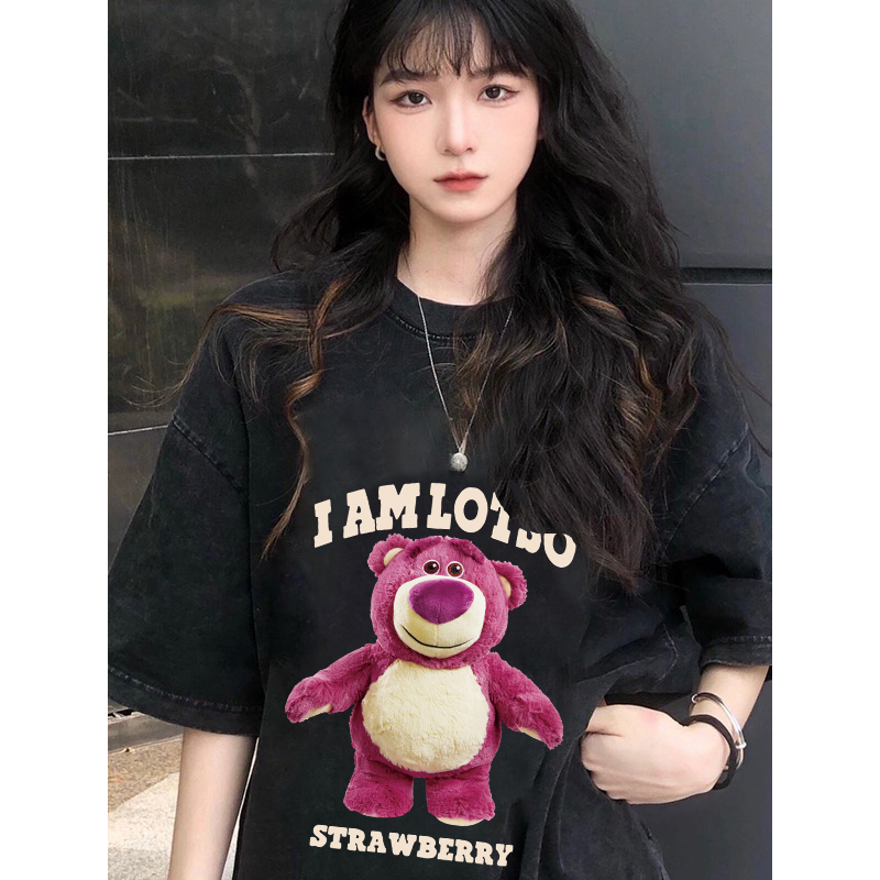 EUNII T-shirt Lengan Pendek Black Washed Cute Strawberry Bear Printing Korean Style/Kaos Atasan Wanita/Baju Wanita