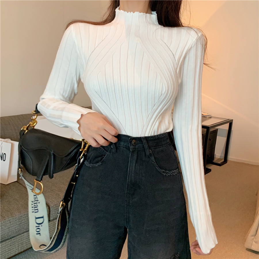 【Elegant】Knitted  Half High Collar Long Sleeved  Sweater 7553