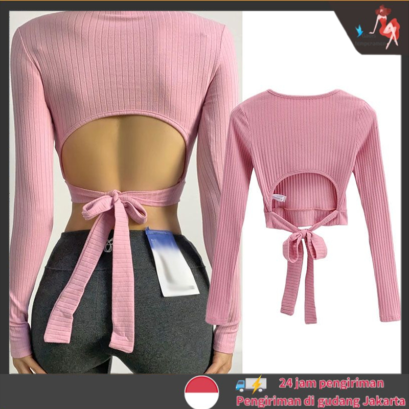 Atasan Wanita Olahraga Polos Lengan Panjang Crop Top