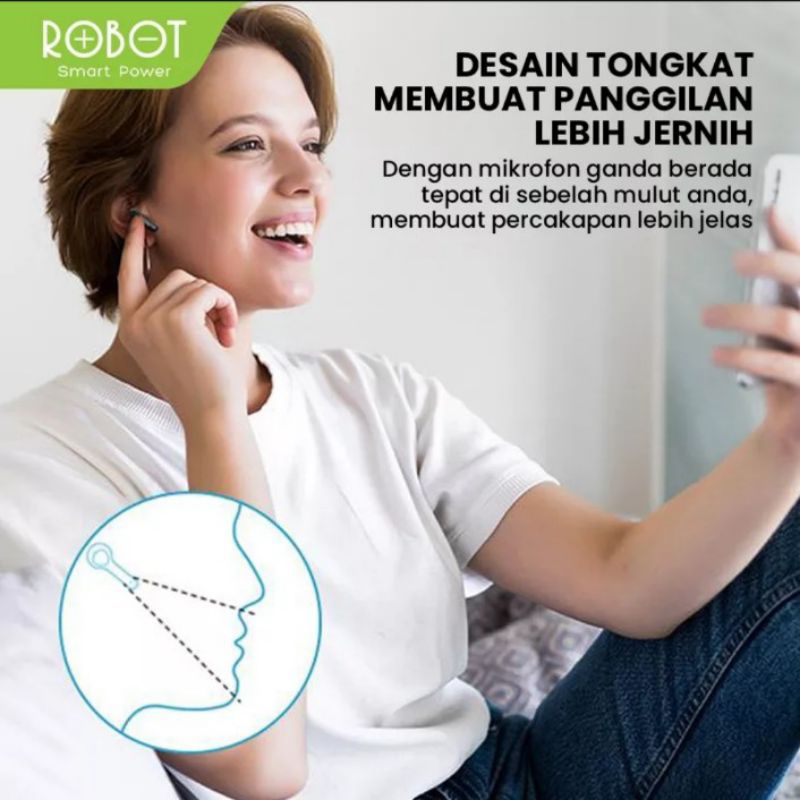 Tws Robot T10 Waterproff Ipx4 Headset Bluetooth 5.1 Original Garansi Resmi