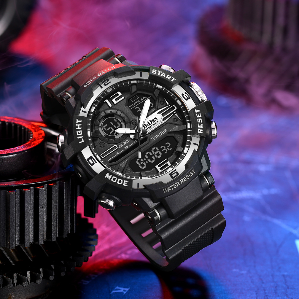 BIDEN Jam Tangan Pria R008 Olahraga Jam Digital &amp; Analog Multifungsi Alarm Tali Silikon Anti Air Jam Tangan Cowok