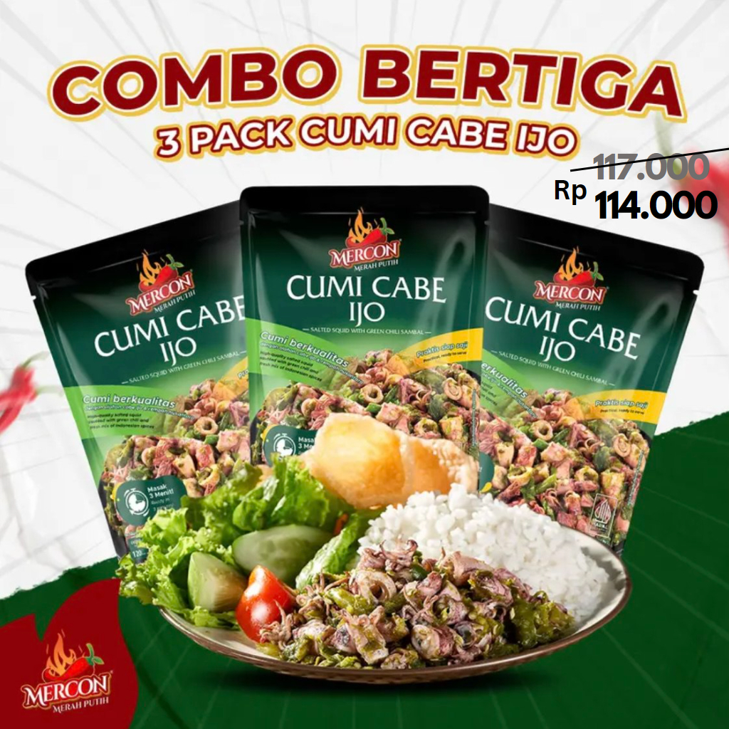 

HEMAT COMBO BERTIGA MERCON MERAH PUTIH CUMI CABE IJO 150GRx3 PACK