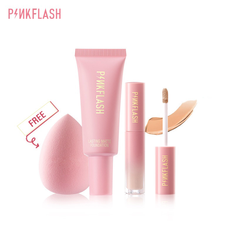 PINKFLASH 3PCS/ Set Makeup set Foundation+Liquid Concealer Long Lasting Matte Oil control Waterproof+Sponge