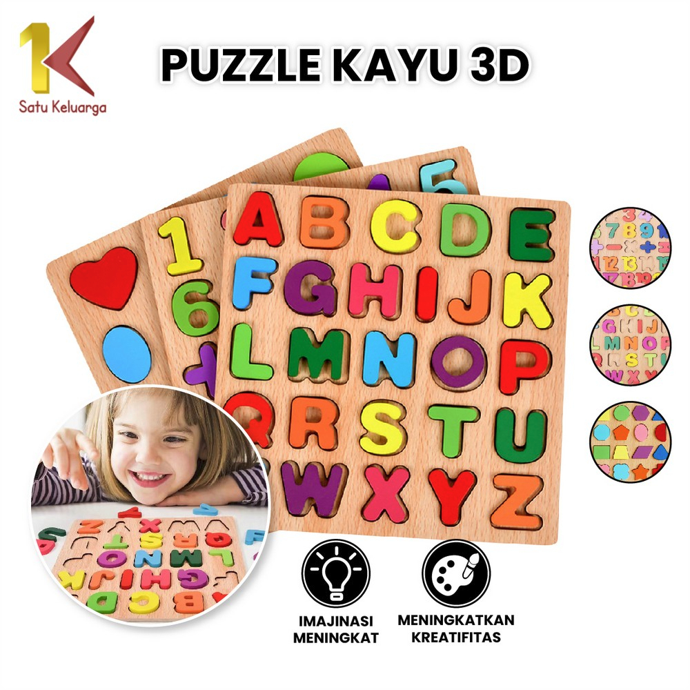 Satu Keluarga Mainan Edukasi Anak Puzzle Kayu 3D M313 Mainan Kayu Anak Huruf Angka dan Bangun Datar 