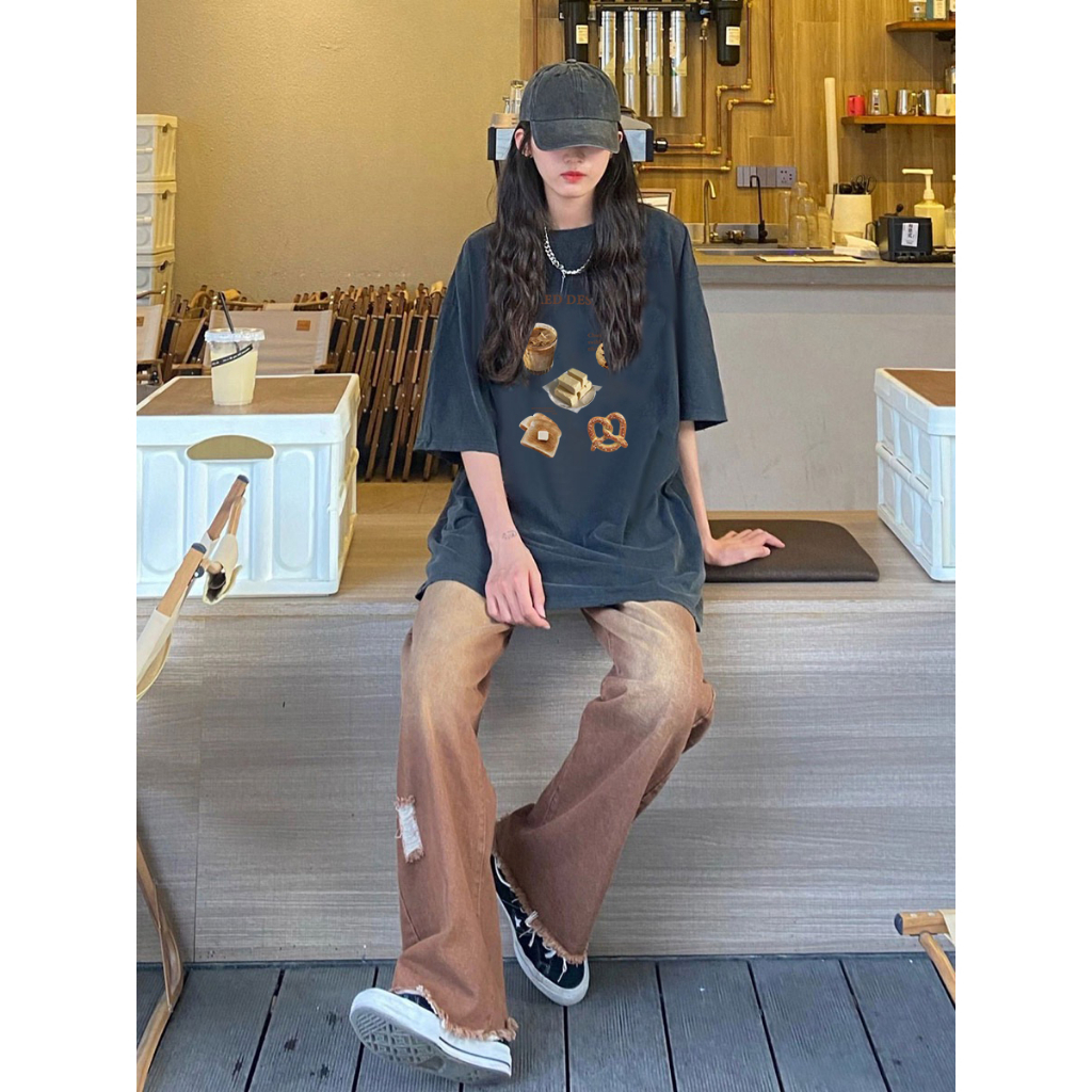 EUNII T-shirt Lengan Pendek Black Washed Cartoon Dessert Printing Korean Style/Kaos Atasan Wanita/Baju Wanita