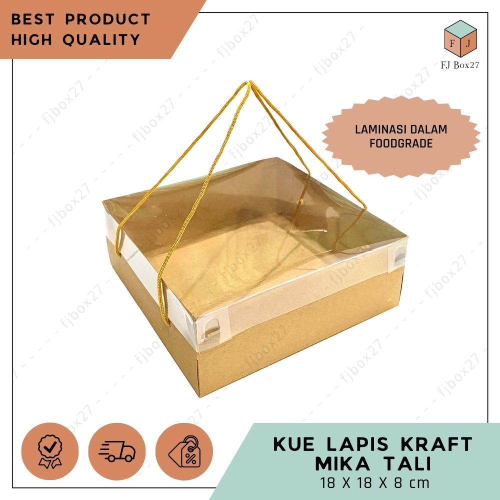 (10 pcs) BOX KUE LAPIS KRAFT MIKA EMBOS TALI FOODGRADE 18X18X8 CM / DUS KRAFT MIKA TALI / KOTAK KUE 
