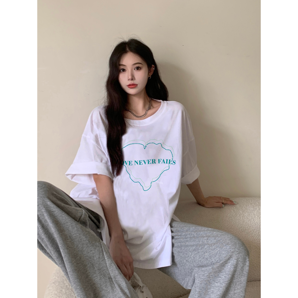 XIAOZHAINV Kaos Atasan Wanita Green Love Pattern Lengan Pendek A0802