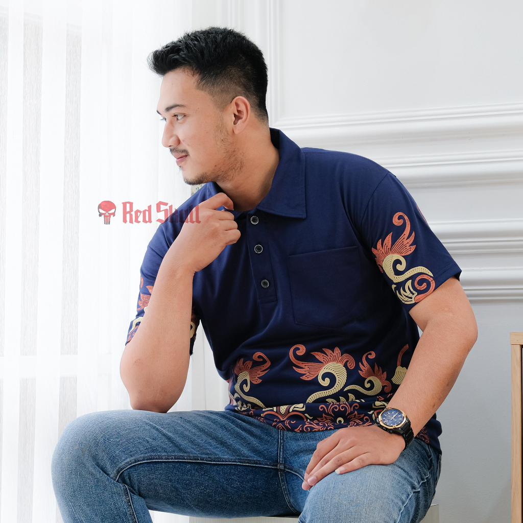 RED SKULL Kaos Kerah Polo Batik Solo Batik Bawah Ada Saku