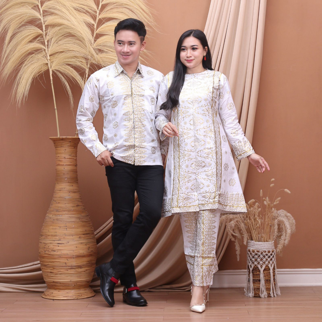 Setelan Couple Baju Batik Songket Palembang Putih Bahan Full Katun Adem