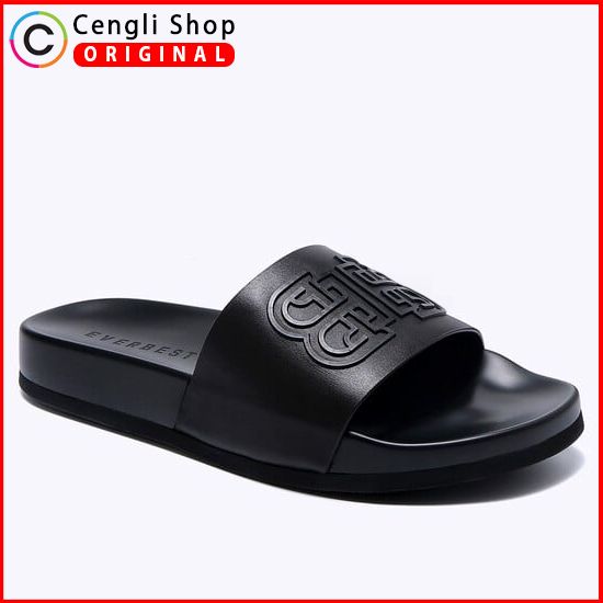 SANDAL SLIDE EVERBEST PRIA ORIGINAL CASUAL KULIT BRANDED HITAM EM28